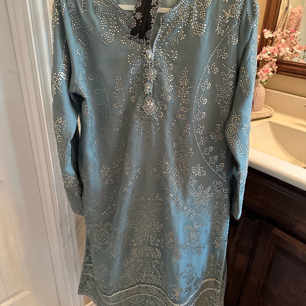 Junaid Jamshed Blue Embellished Kurta Trouser